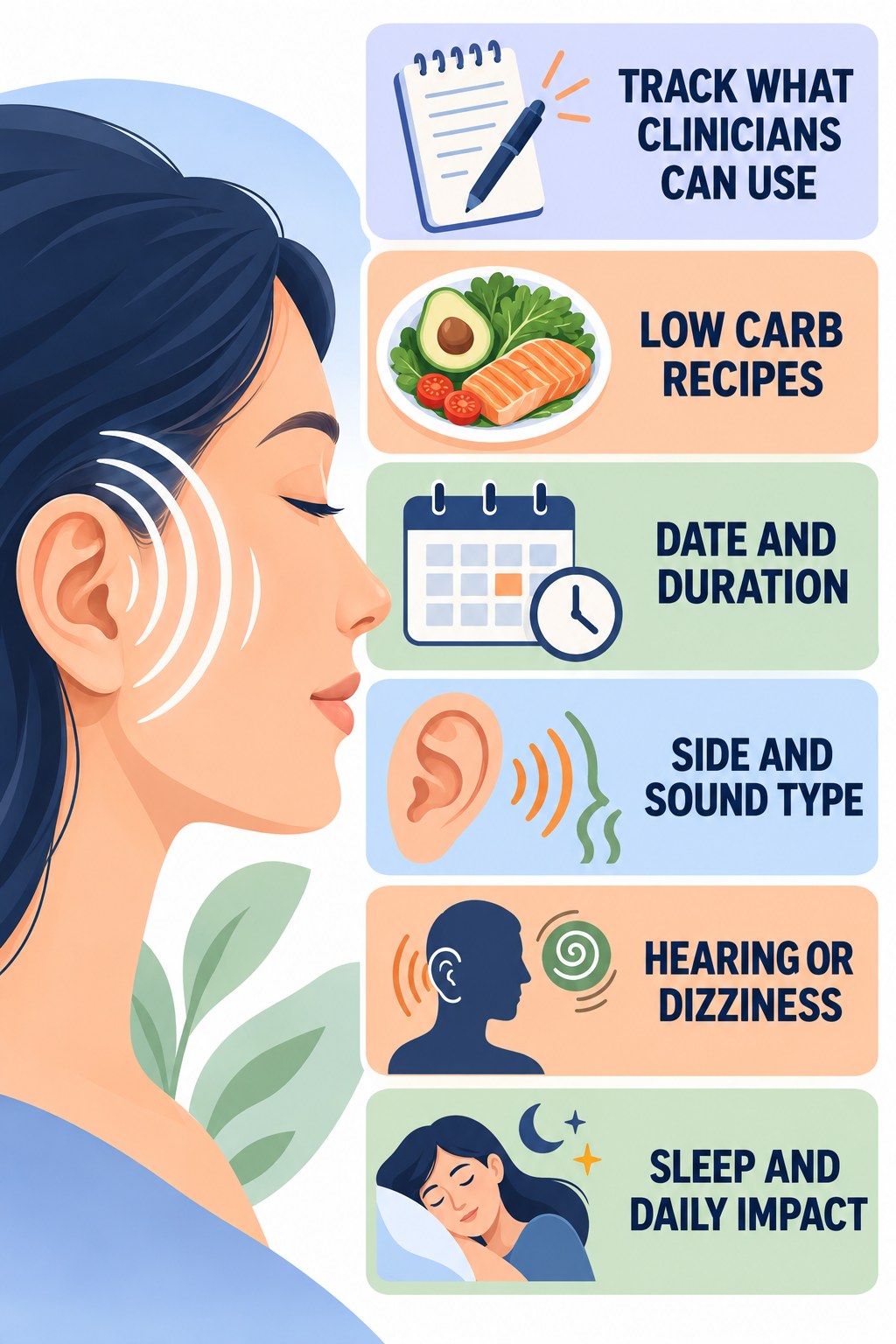 Tinnitus Symptom Tracking infographic for Low Carb Recipes with four concise evaluation-guidance points.