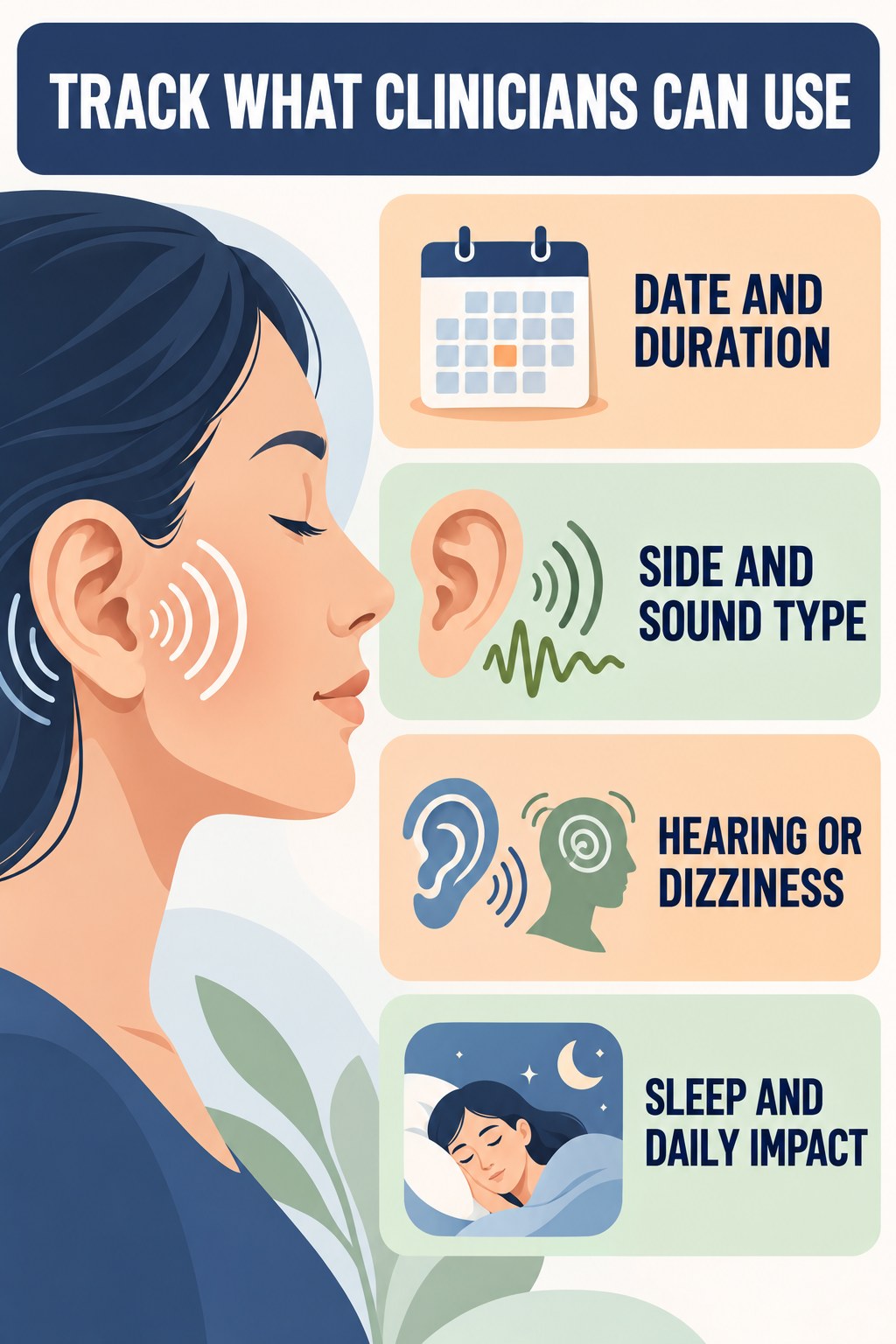 Tinnitus Symptom Tracking infographic for Walking for Weight Loss with four concise evaluation-guidance points.