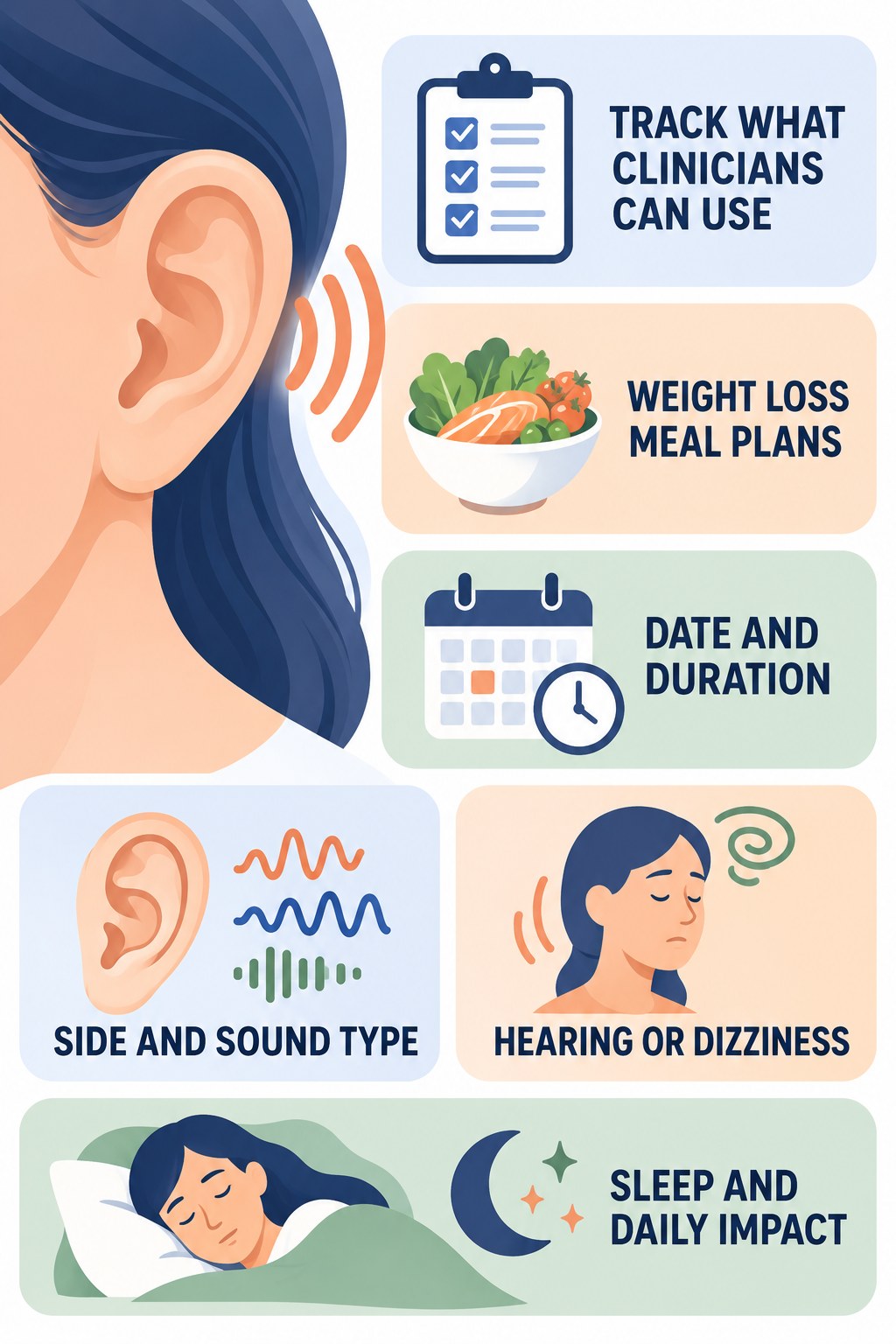 Tinnitus Symptom Tracking infographic for Weight Loss Meal Plans with four concise evaluation-guidance points.