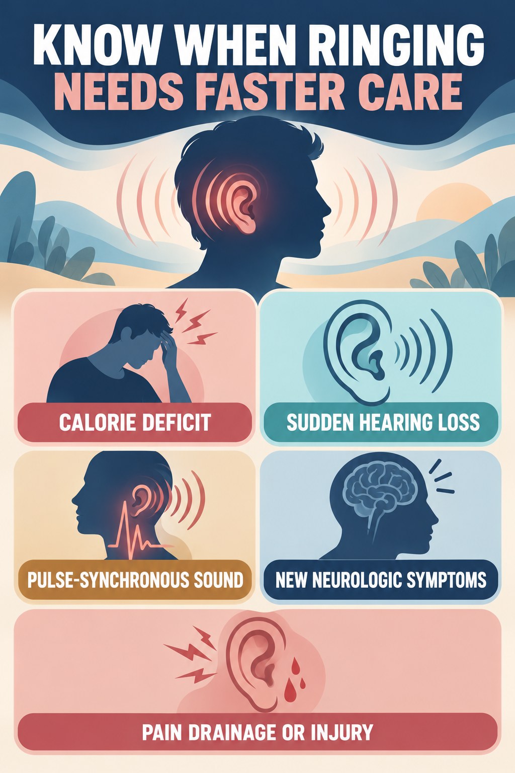 Tinnitus Warning-Sign Checklist infographic for Calorie Deficit with four concise tinnitus-awareness points.