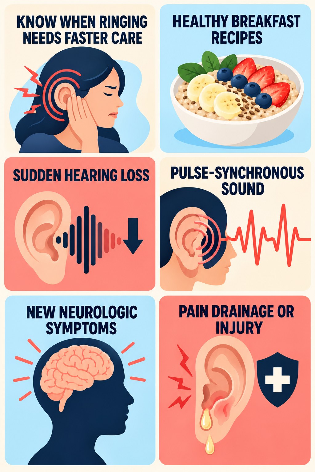 Tinnitus Warning-Sign Checklist infographic for Healthy Breakfast Recipes with four concise tinnitus-awareness points.