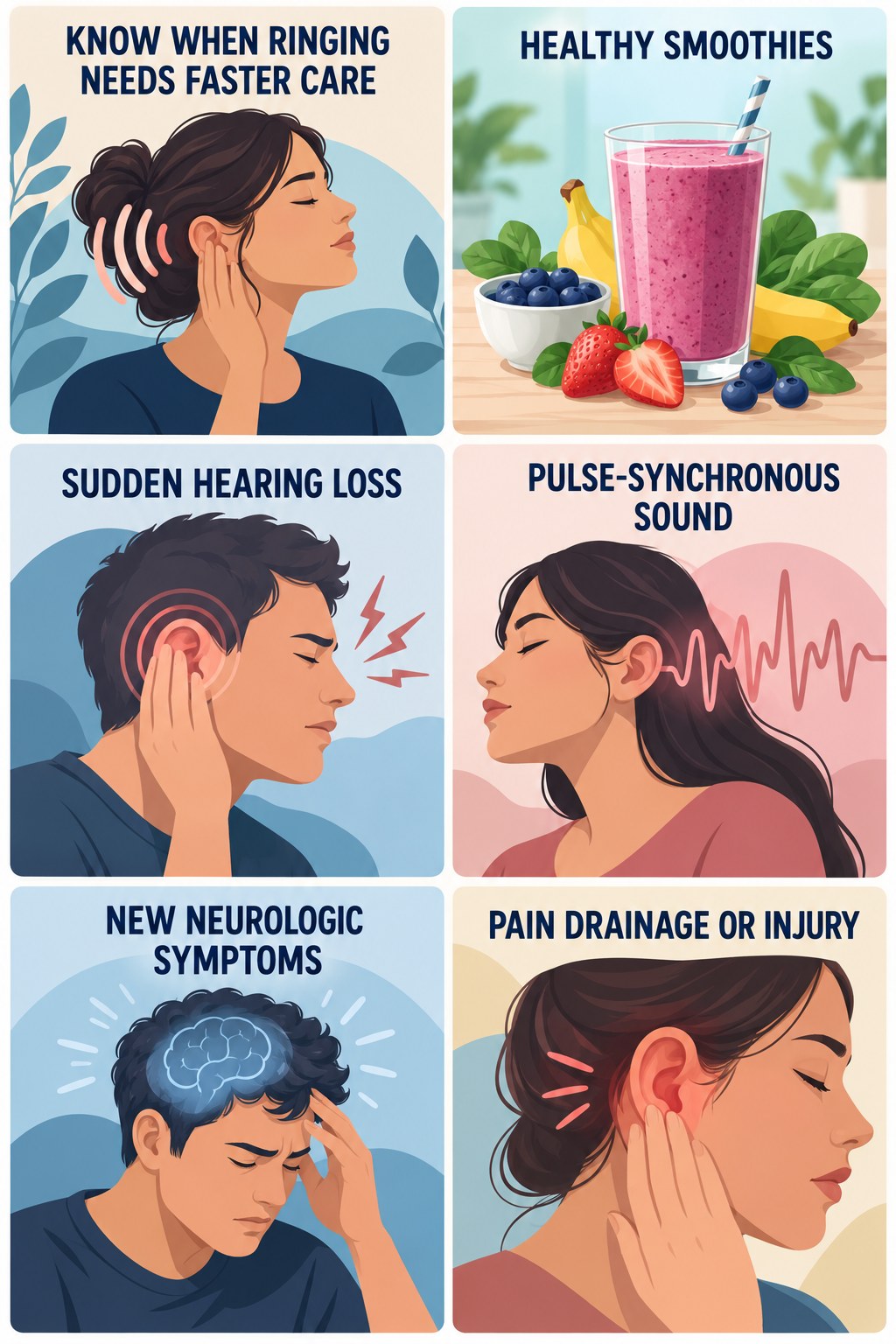 Tinnitus Warning-Sign Checklist infographic for Healthy Smoothies with four concise tinnitus-awareness points.
