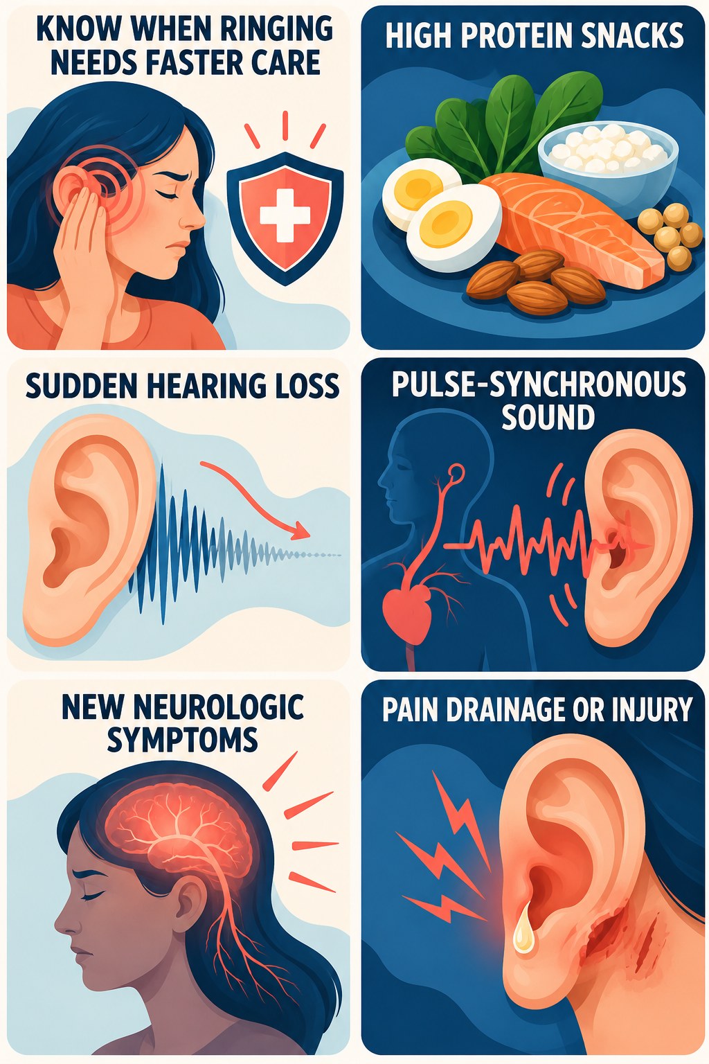 Tinnitus Warning-Sign Checklist infographic for High Protein Snacks with four concise tinnitus-awareness points.