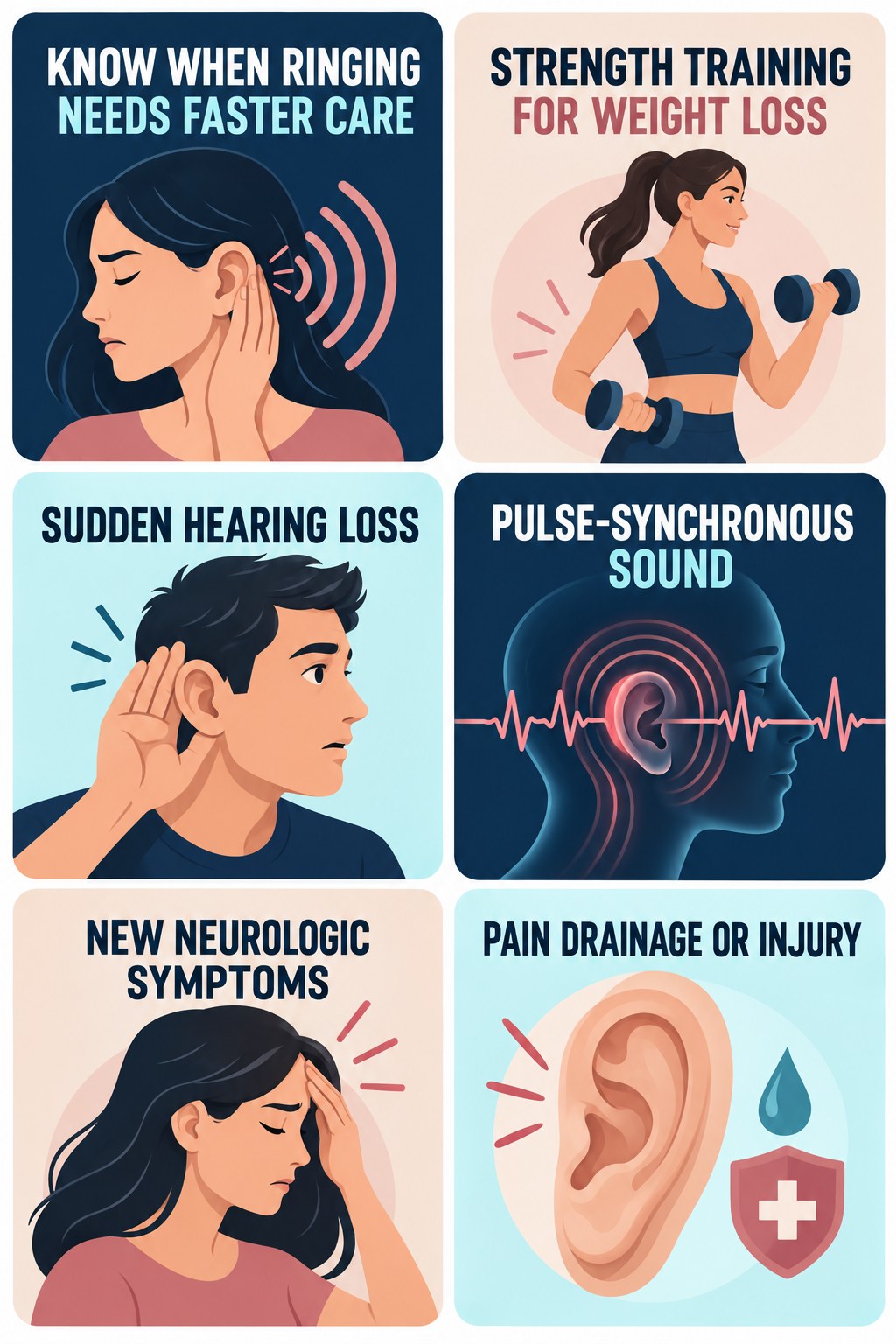 Tinnitus Warning-Sign Checklist infographic for Strength Training for Weight Loss with four concise tinnitus-awareness points.
