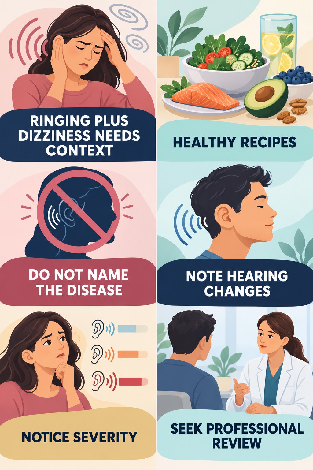 Tinnitus With Dizziness infographic for Healthy Recipes with four concise tinnitus-awareness points.