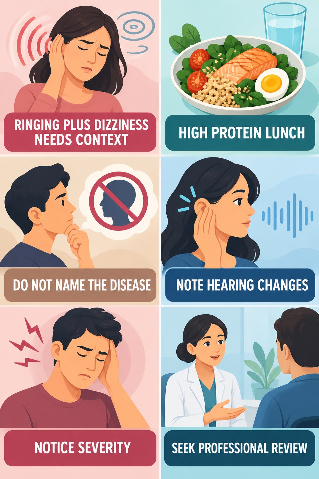 Tinnitus With Dizziness infographic for High Protein Lunch with four concise tinnitus-awareness points.