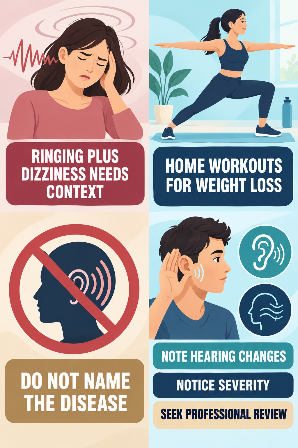 Tinnitus With Dizziness infographic for Home Workouts for Weight Loss with four concise tinnitus-awareness points.