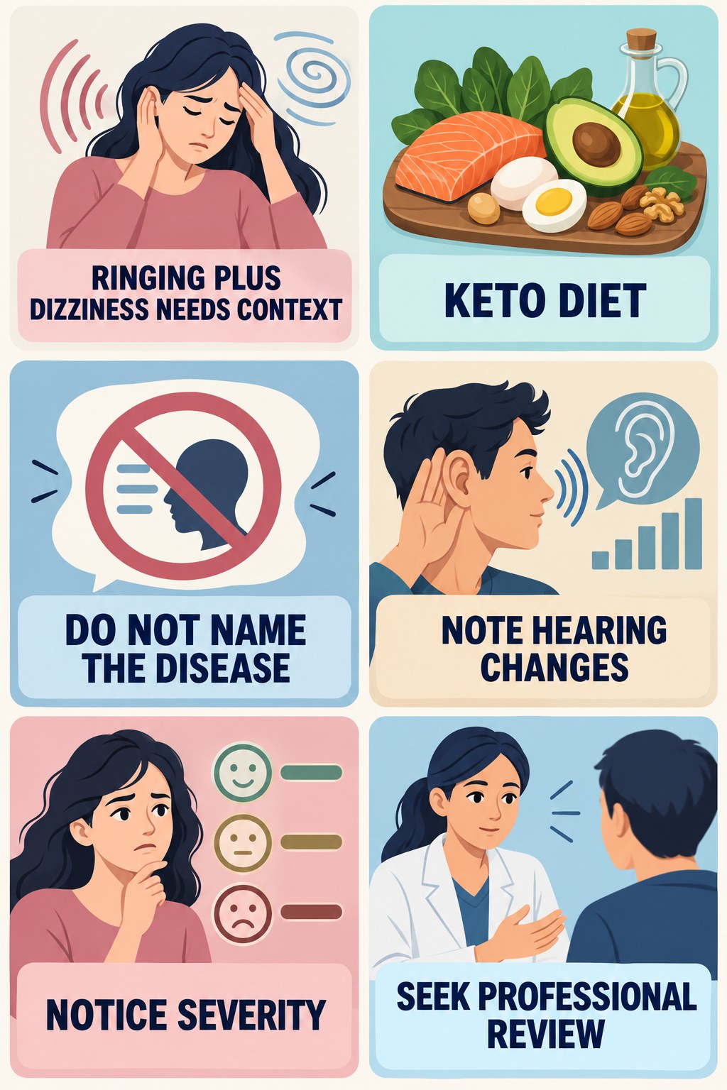 Tinnitus With Dizziness infographic for Keto Diet with four concise tinnitus-awareness points.