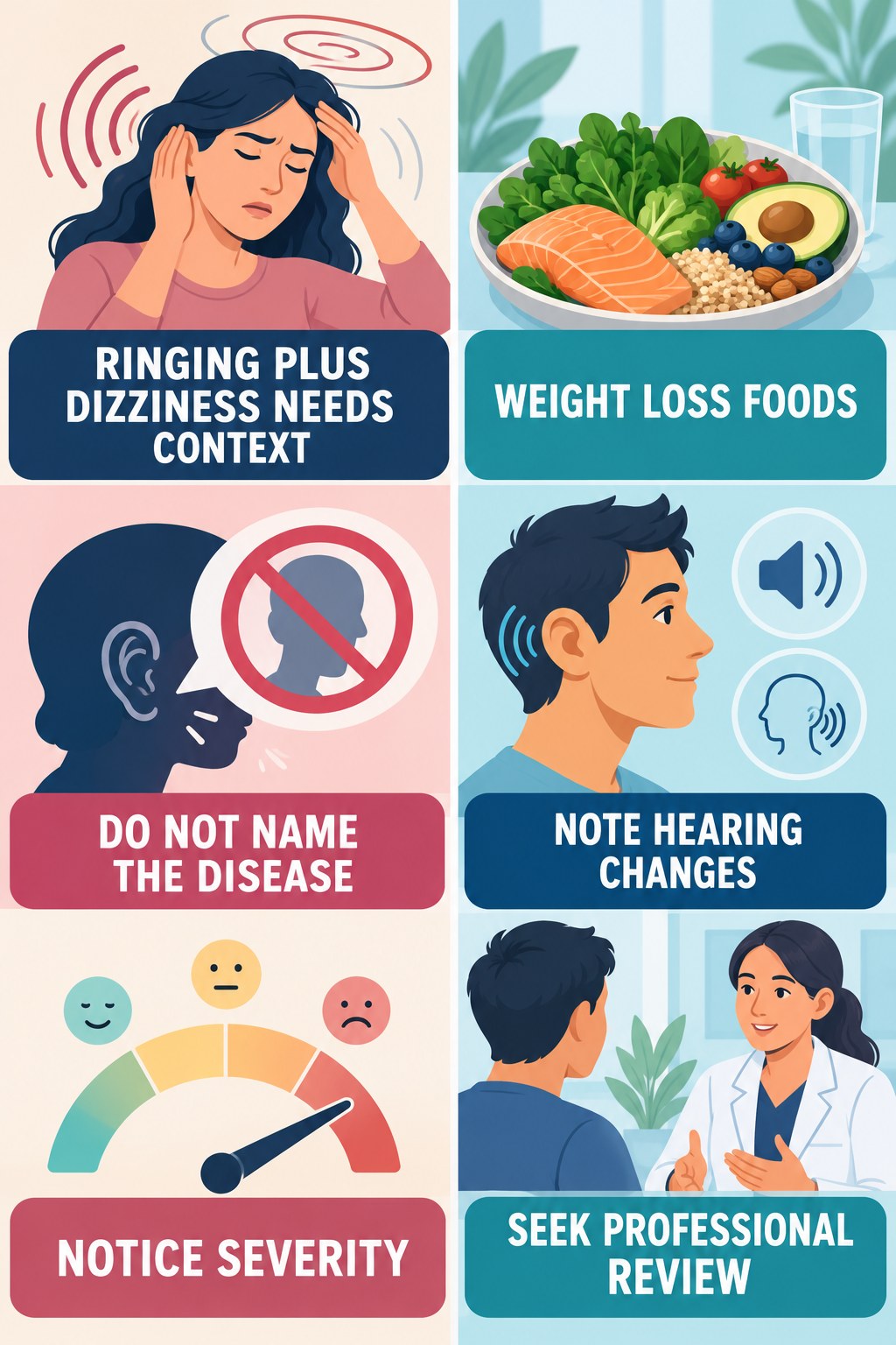 Tinnitus With Dizziness infographic for Weight Loss Foods with four concise tinnitus-awareness points.