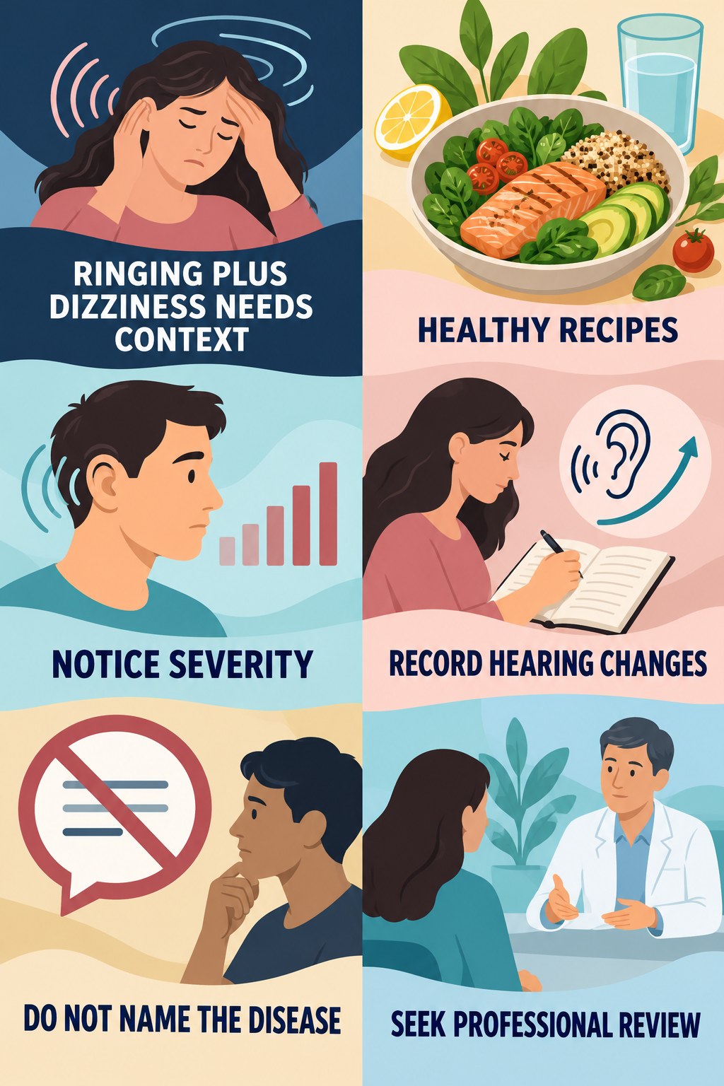 Tinnitus With Dizziness infographic for Healthy Recipes with four concise evaluation-guidance points.