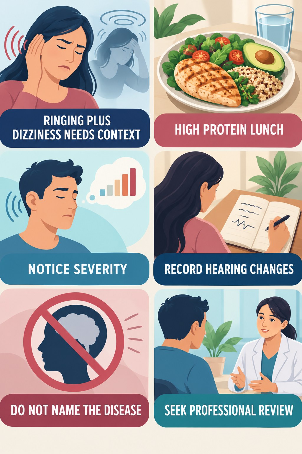 Tinnitus With Dizziness infographic for High Protein Lunch with four concise evaluation-guidance points.
