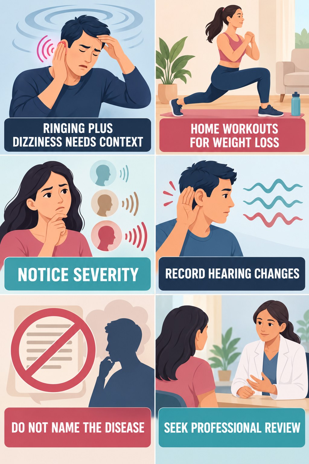 Tinnitus With Dizziness infographic for Home Workouts for Weight Loss with four concise evaluation-guidance points.