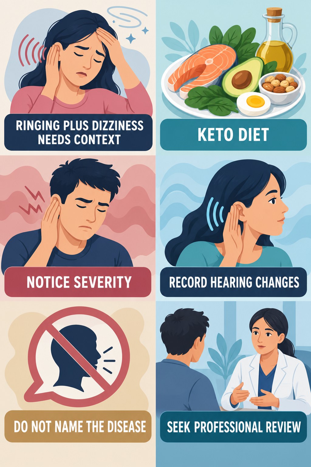 Tinnitus With Dizziness infographic for Keto Diet with four concise evaluation-guidance points.