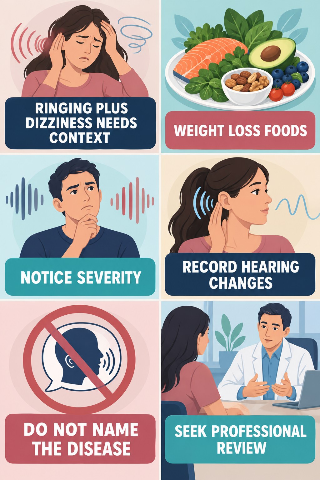 Tinnitus With Dizziness infographic for Weight Loss Foods with four concise evaluation-guidance points.