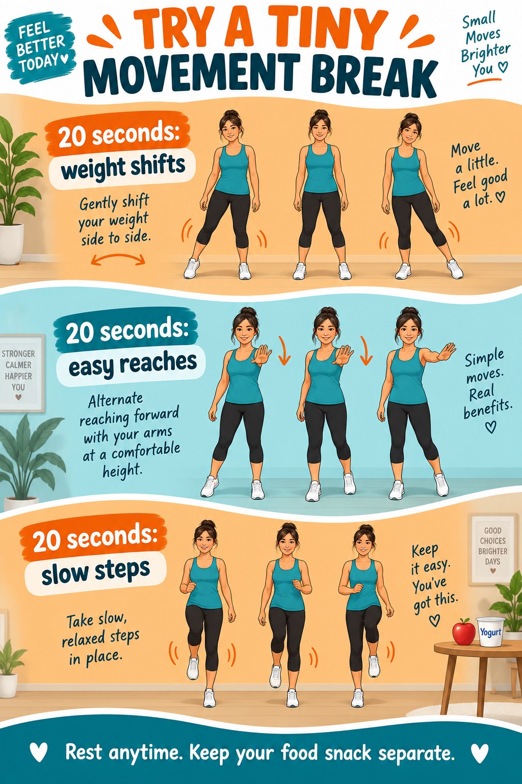 Three orange and teal illustrated bands show twenty-second weight shifts, easy reaches, and slow steps.