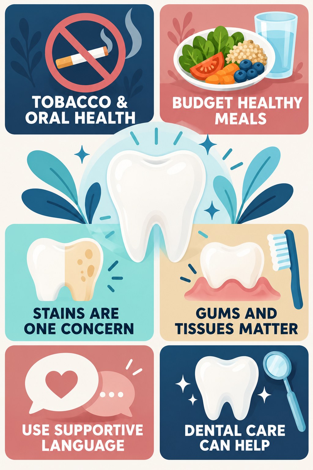 Tobacco Staining and Oral-Health Context infographic for Budget Healthy Meals with four concise tooth-discoloration safety points.