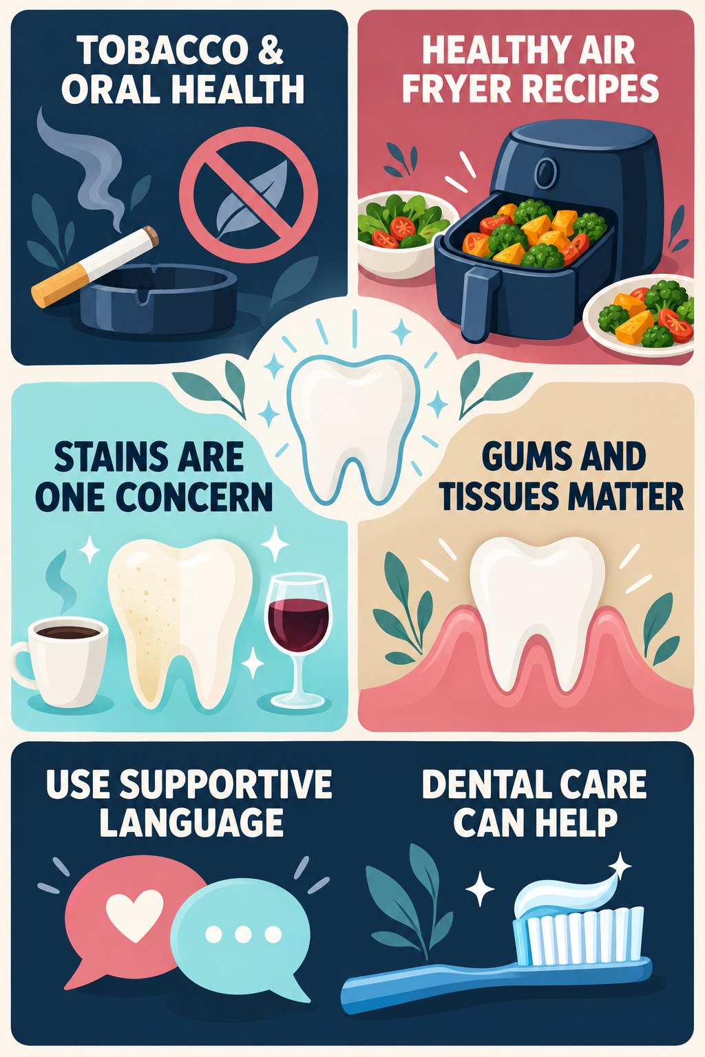Tobacco Staining and Oral-Health Context infographic for Healthy Air Fryer Recipes with four concise tooth-discoloration safety points.