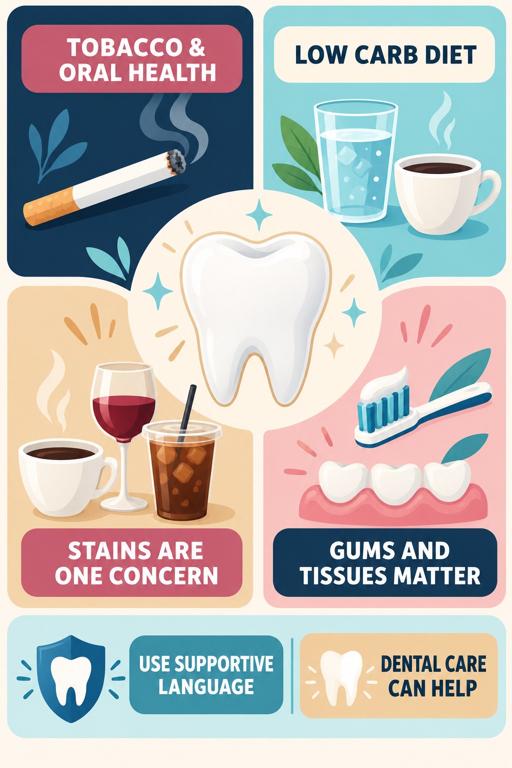 Tobacco Staining and Oral-Health Context infographic for Low Carb Diet with four concise tooth-discoloration safety points.