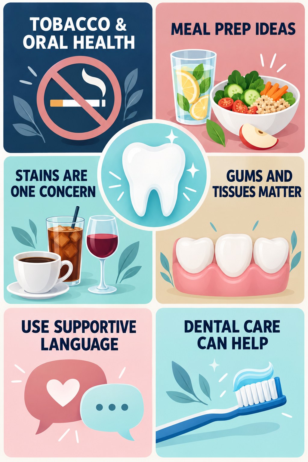 Tobacco Staining and Oral-Health Context infographic for Meal Prep Ideas with four concise tooth-discoloration safety points.