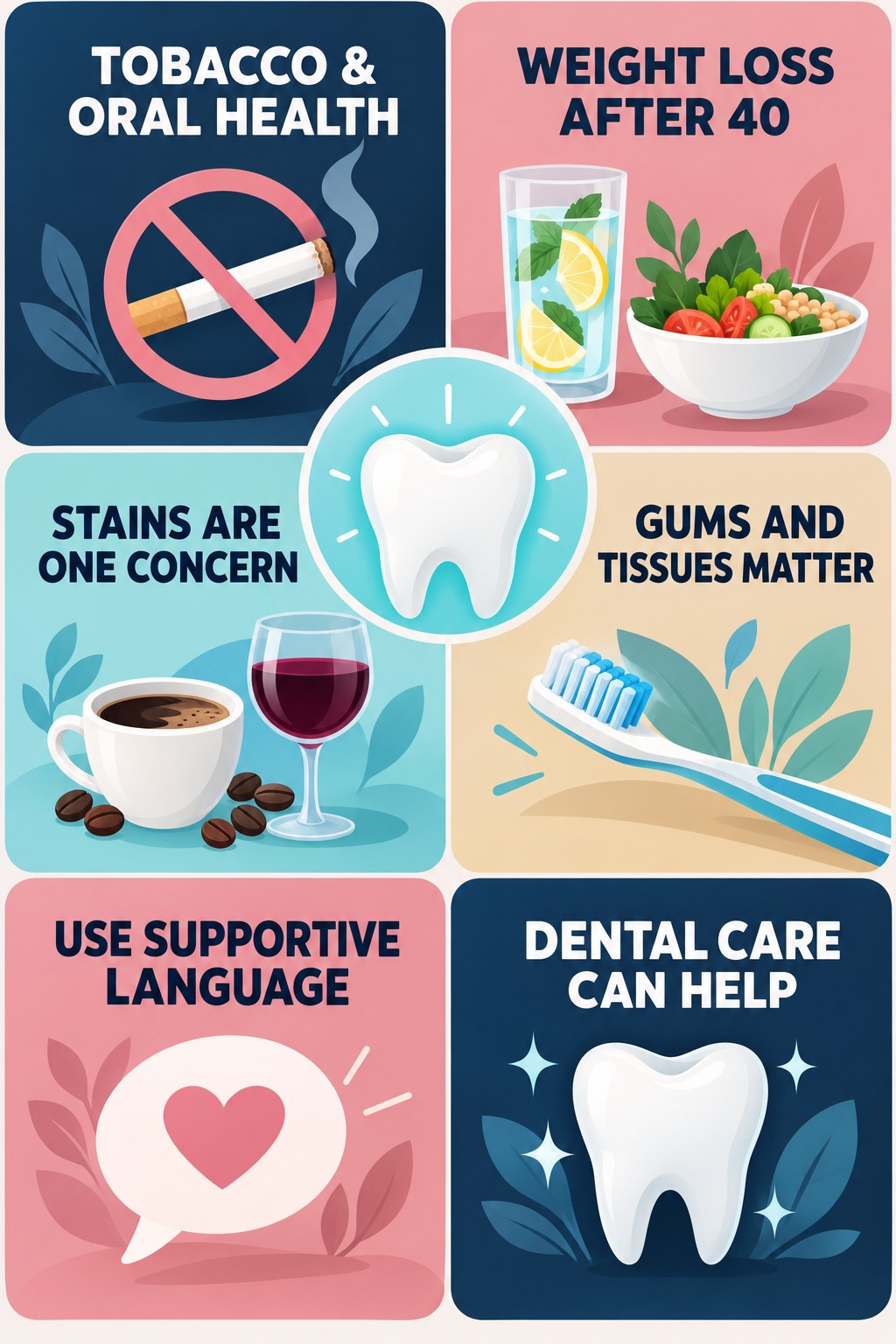 Tobacco Staining and Oral-Health Context infographic for Weight Loss After 40 with four concise tooth-discoloration safety points.