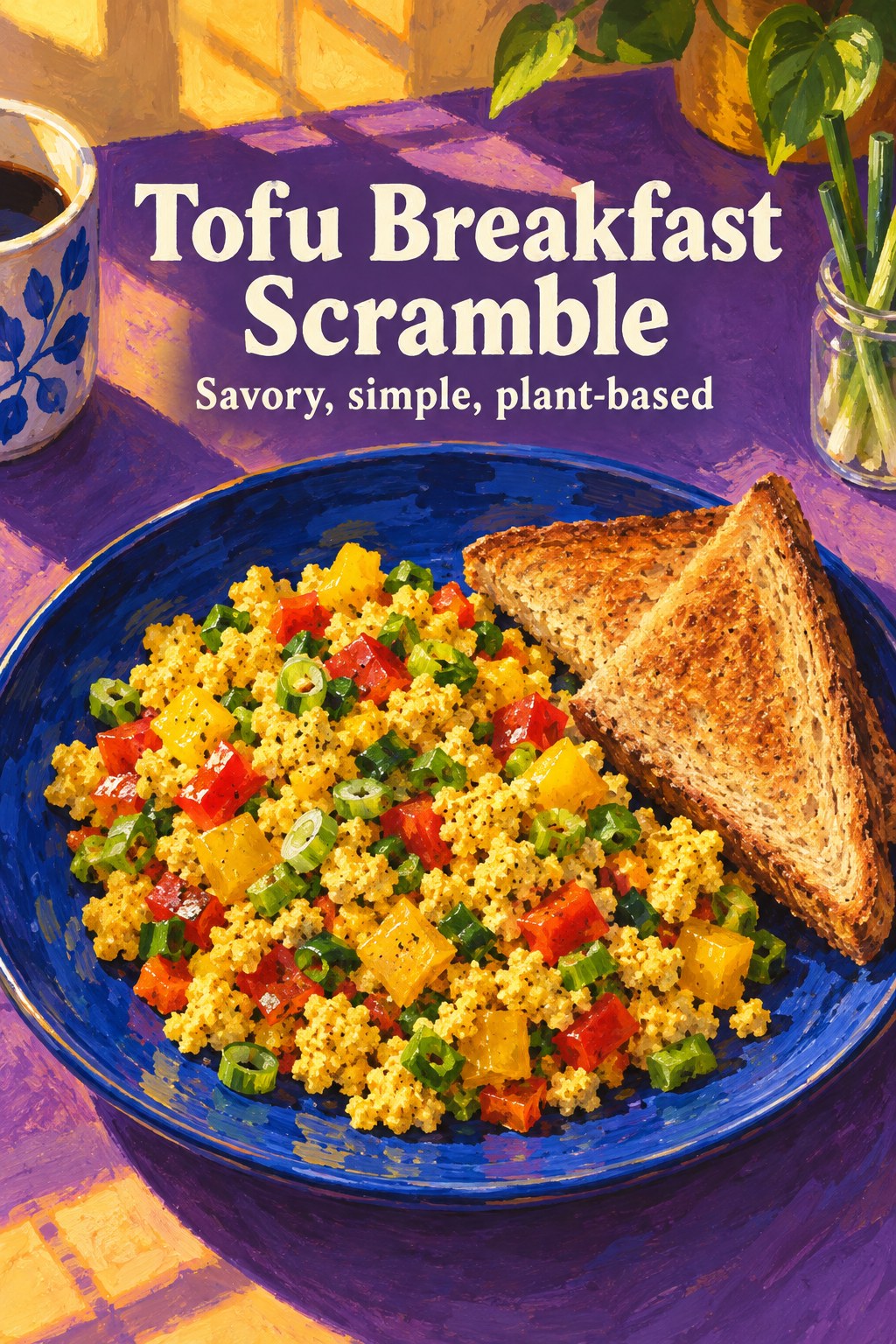 Golden tofu scramble with diced bell peppers and toast on a blue plate.