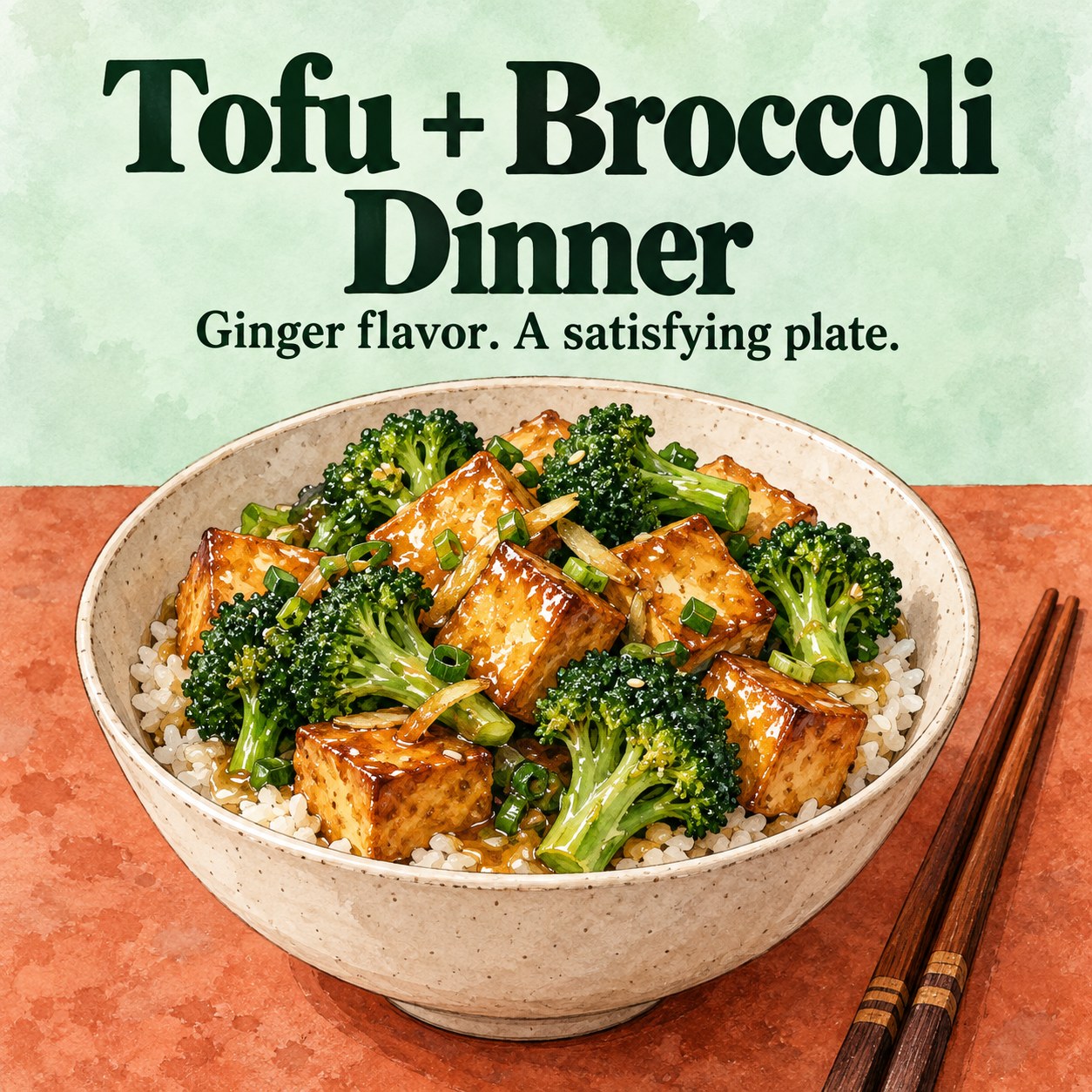 Golden tofu cubes and broccoli over rice with a light ginger sauce.