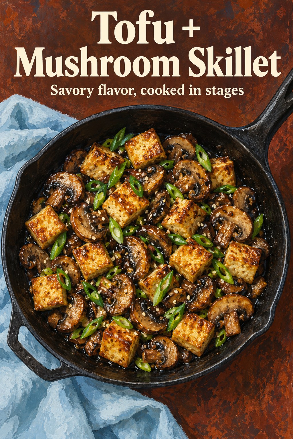 Golden tofu cubes and browned mushrooms with scallions and sesame seeds in a skillet.