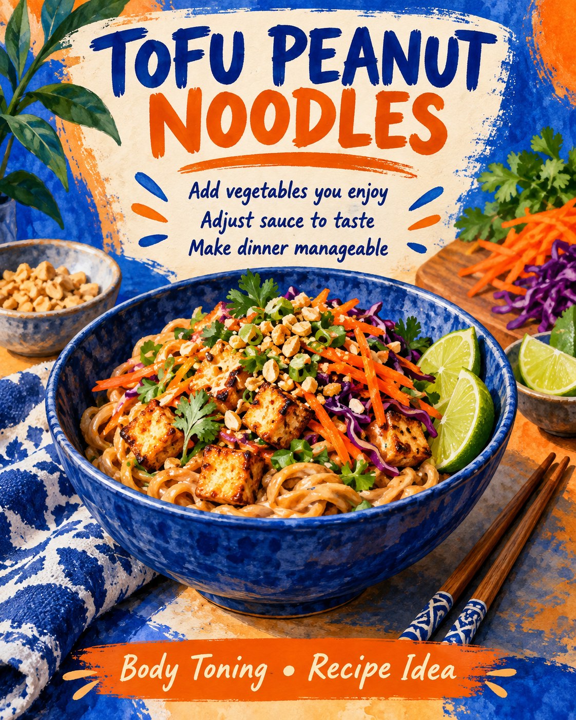 Tofu peanut noodles with carrots and cabbage in a blue bowl with lime alongside.