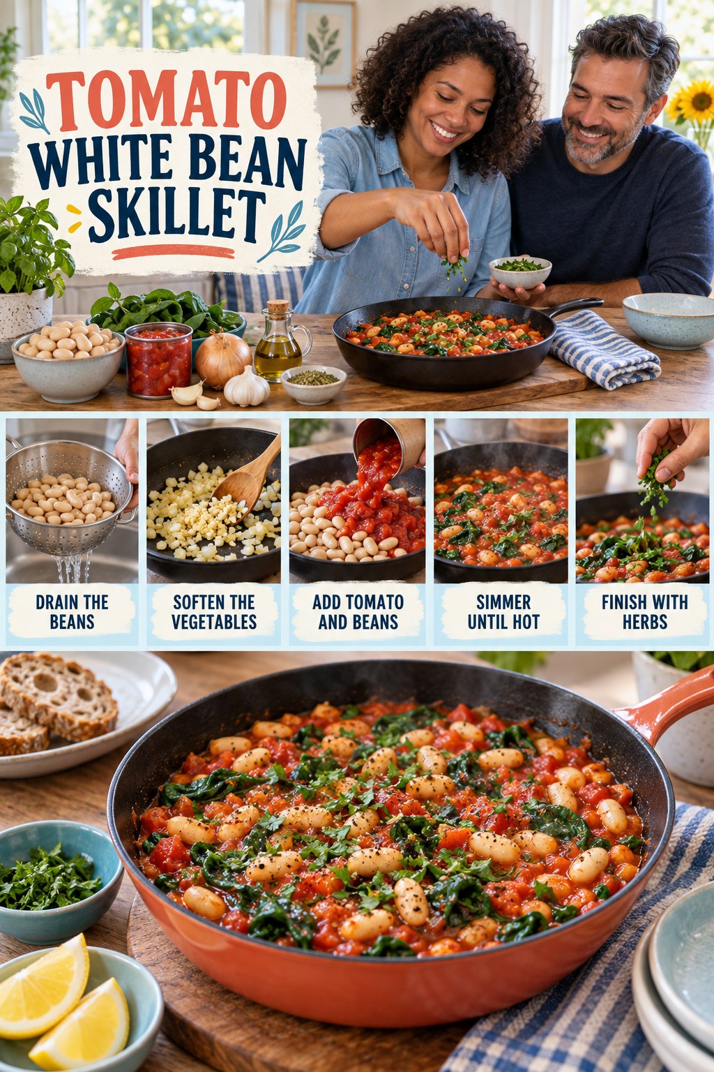 Tomato White Bean Skillet for Calorie Deficit with five readable preparation cues and a realistic finished dish.