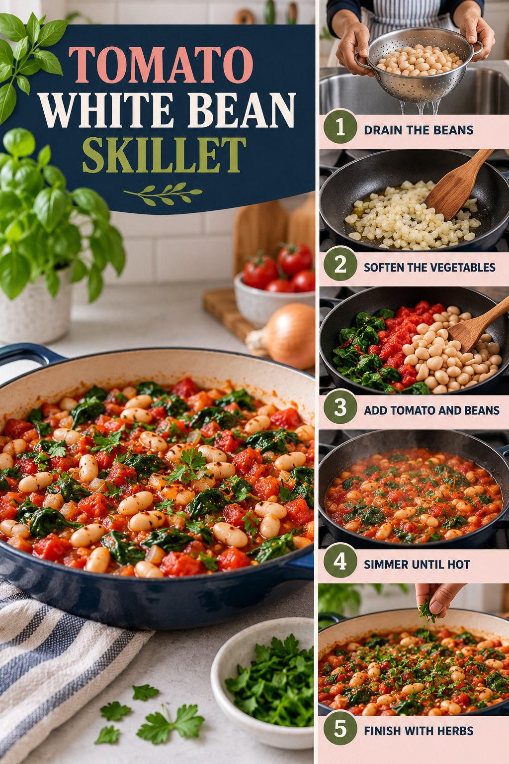 Tomato White Bean Skillet for Healthy Dessert Recipes with five readable preparation cues and a realistic finished dish.
