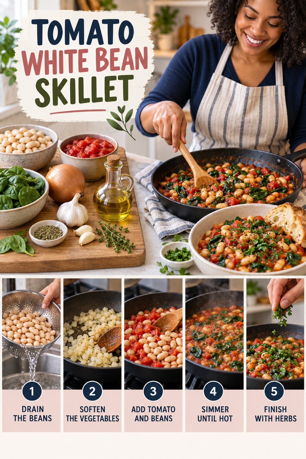 Tomato White Bean Skillet for Healthy Dinner Recipes with five readable preparation cues and a realistic finished dish.