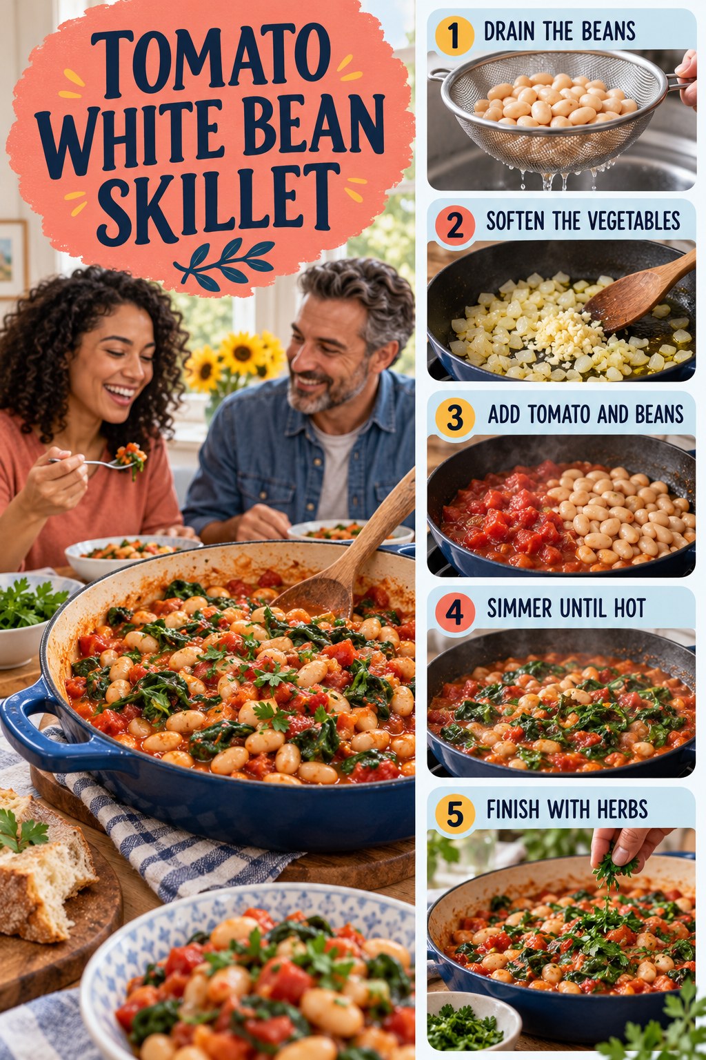 Tomato White Bean Skillet for Healthy Recipes with five readable preparation cues and a realistic finished dish.