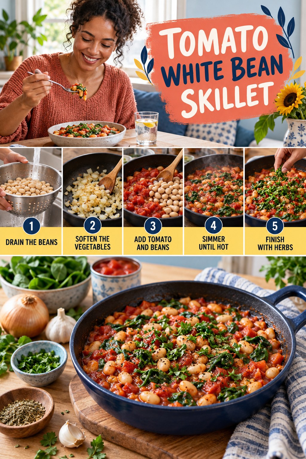 Tomato White Bean Skillet for High Protein Meals with five readable preparation cues and a realistic finished dish.