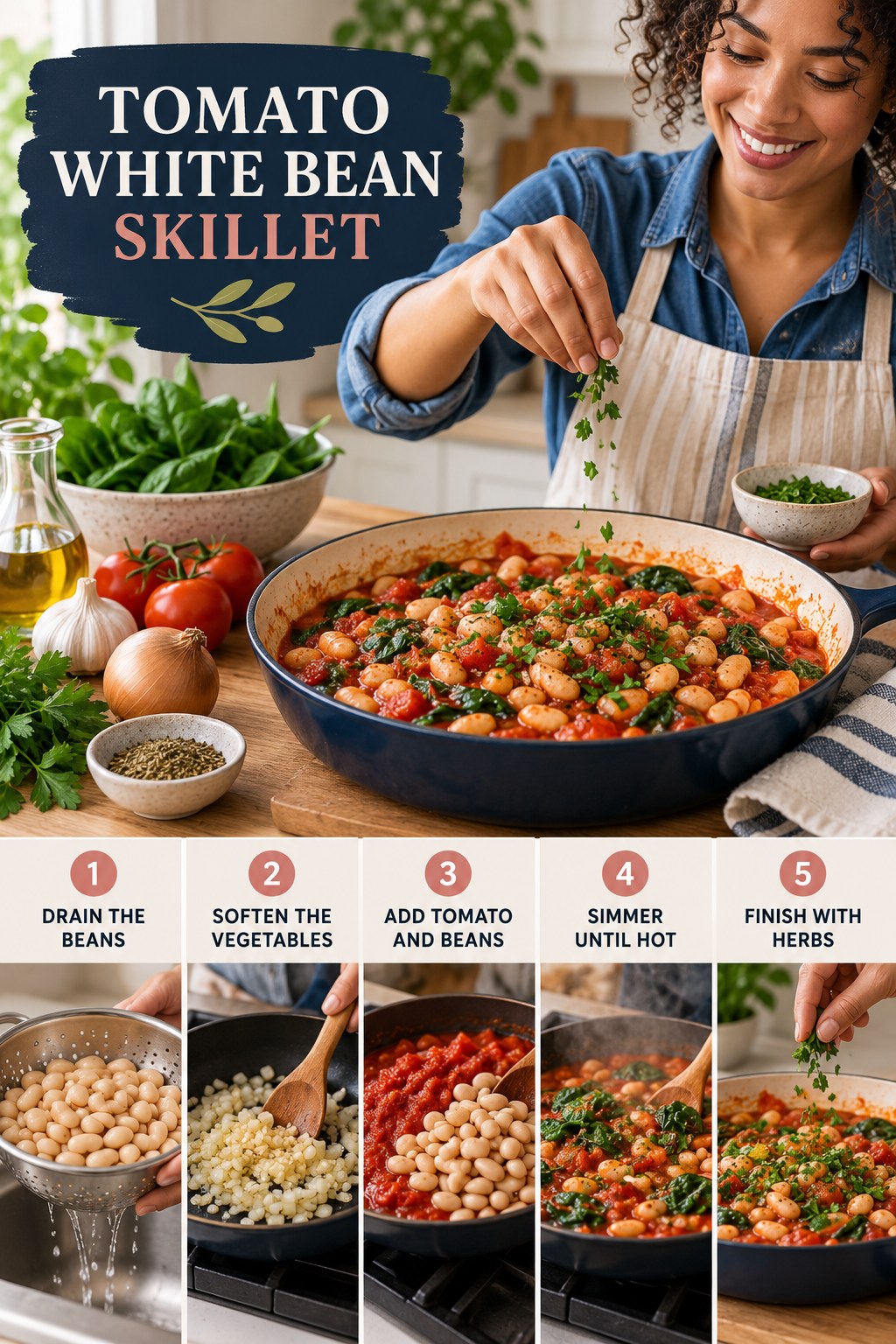 Tomato White Bean Skillet for High Protein Snacks with five readable preparation cues and a realistic finished dish.