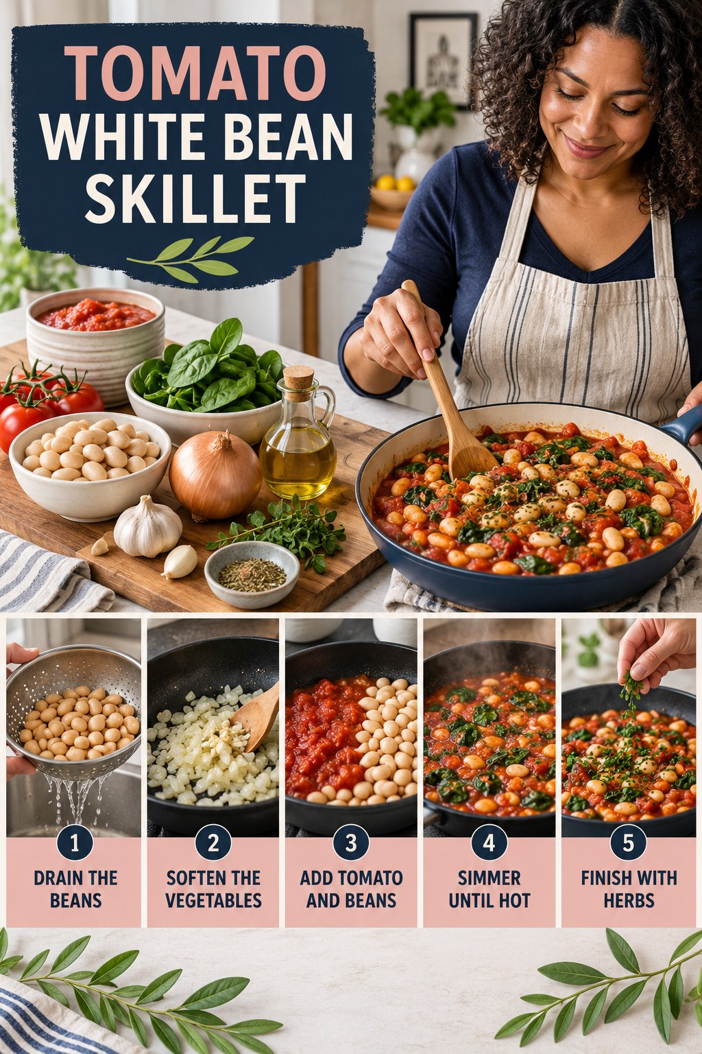 Tomato White Bean Skillet for Keto Diet with five readable preparation cues and a realistic finished dish.