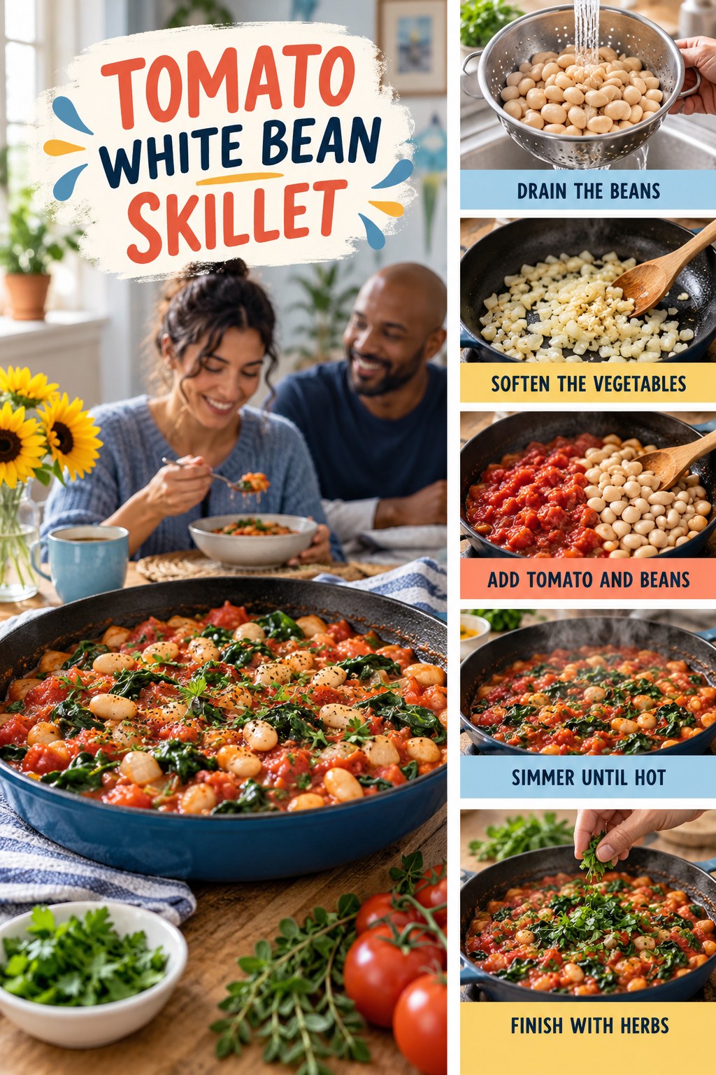 Tomato White Bean Skillet for Low Calorie Snacks with five readable preparation cues and a realistic finished dish.