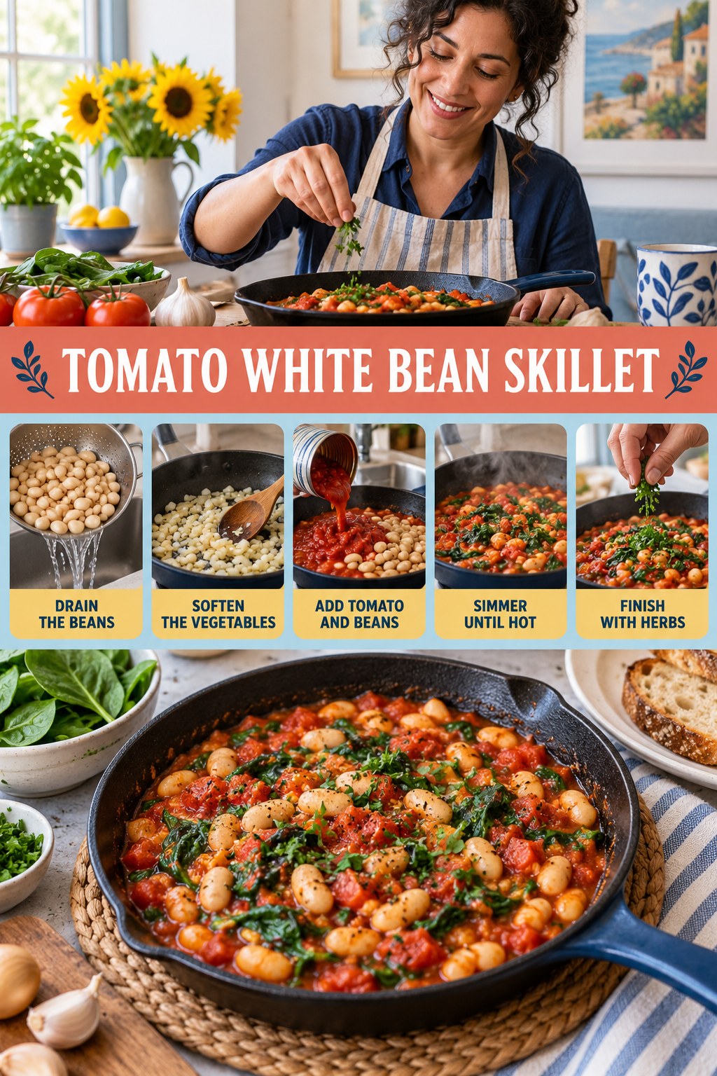 Tomato White Bean Skillet for Mediterranean Diet Recipes with five readable preparation cues and a realistic finished dish.