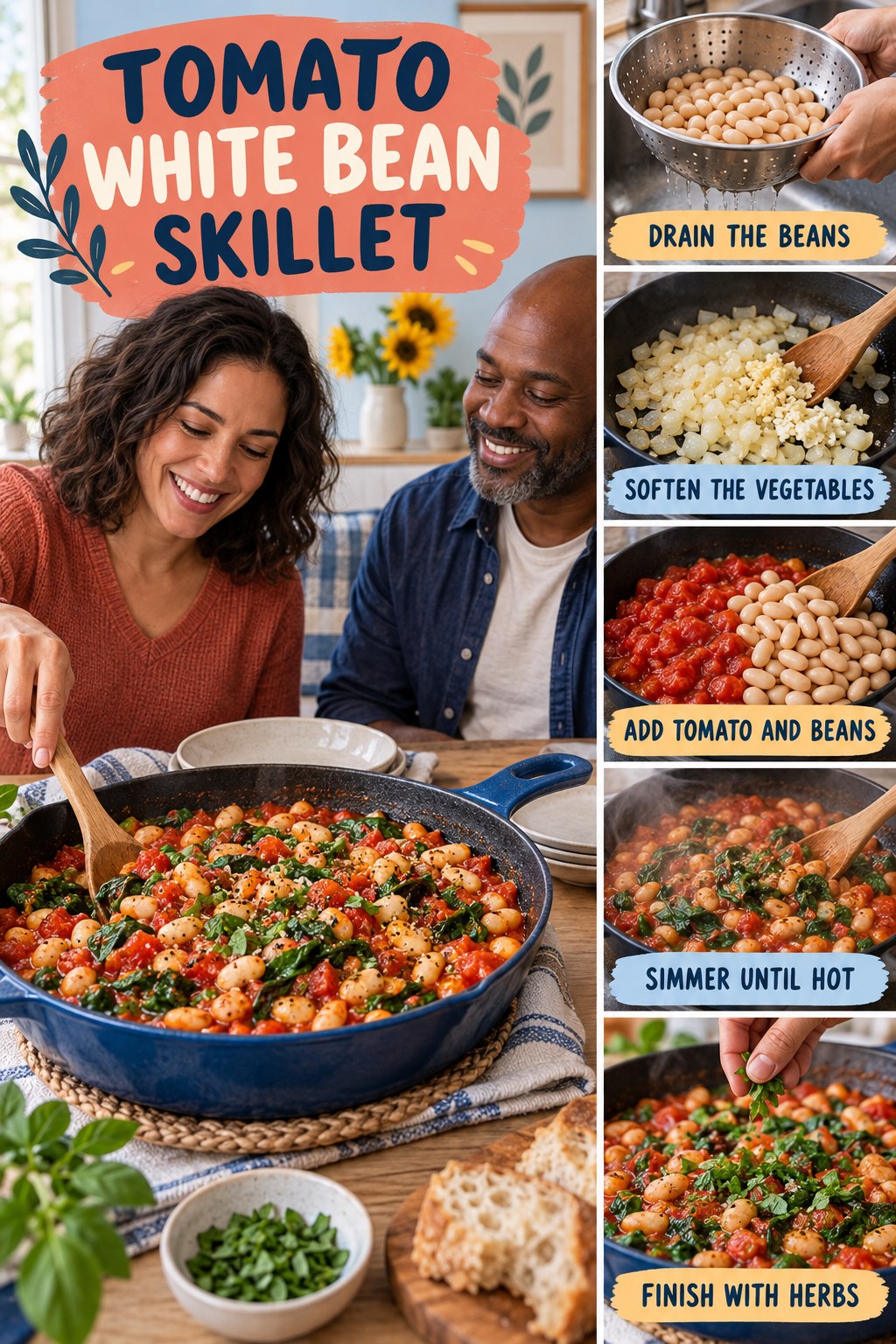 Tomato White Bean Skillet for Portion Control with five readable preparation cues and a realistic finished dish.