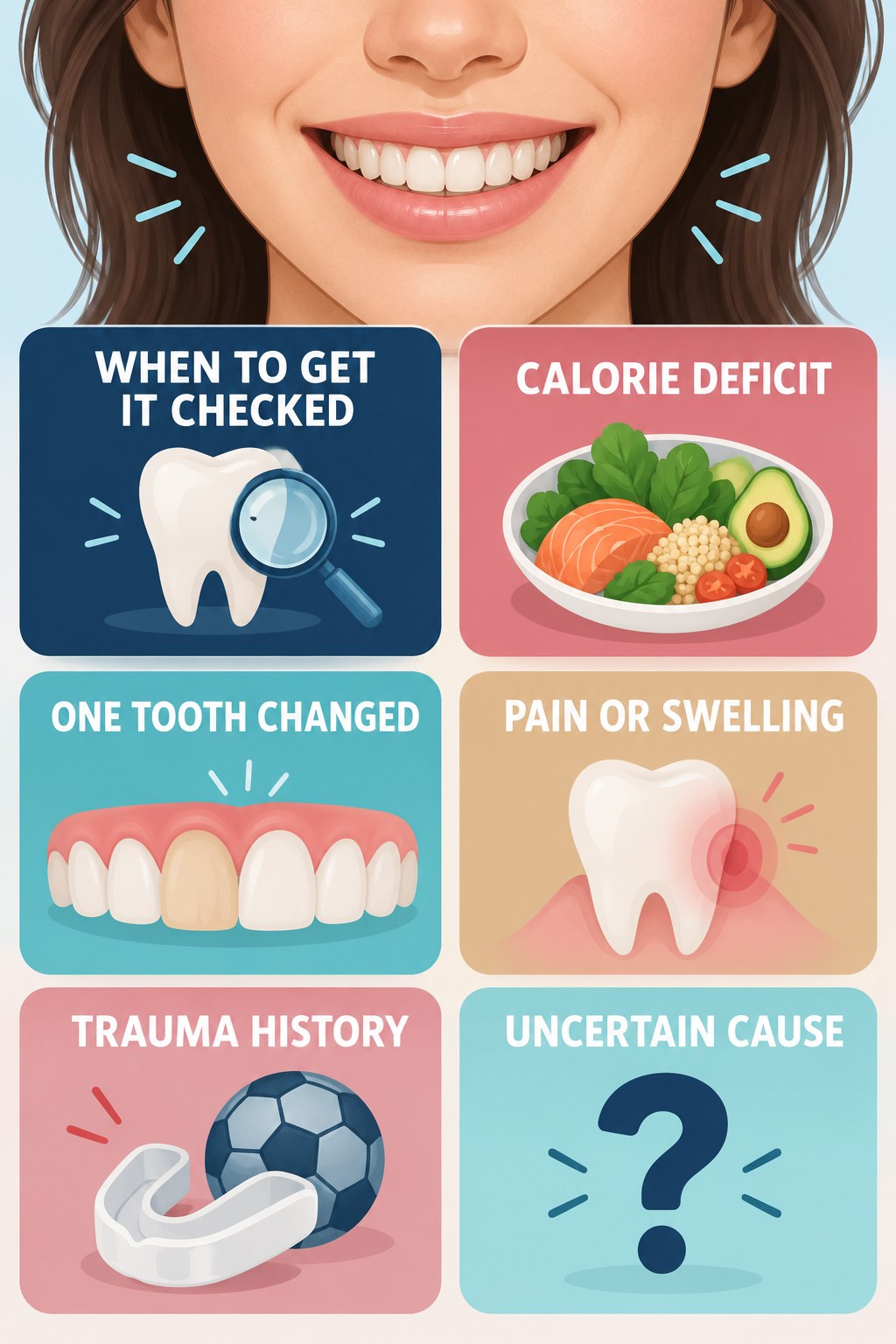 Tooth Discoloration Dental-Visit Checklist infographic for Calorie Deficit with four concise tooth-discoloration safety points.