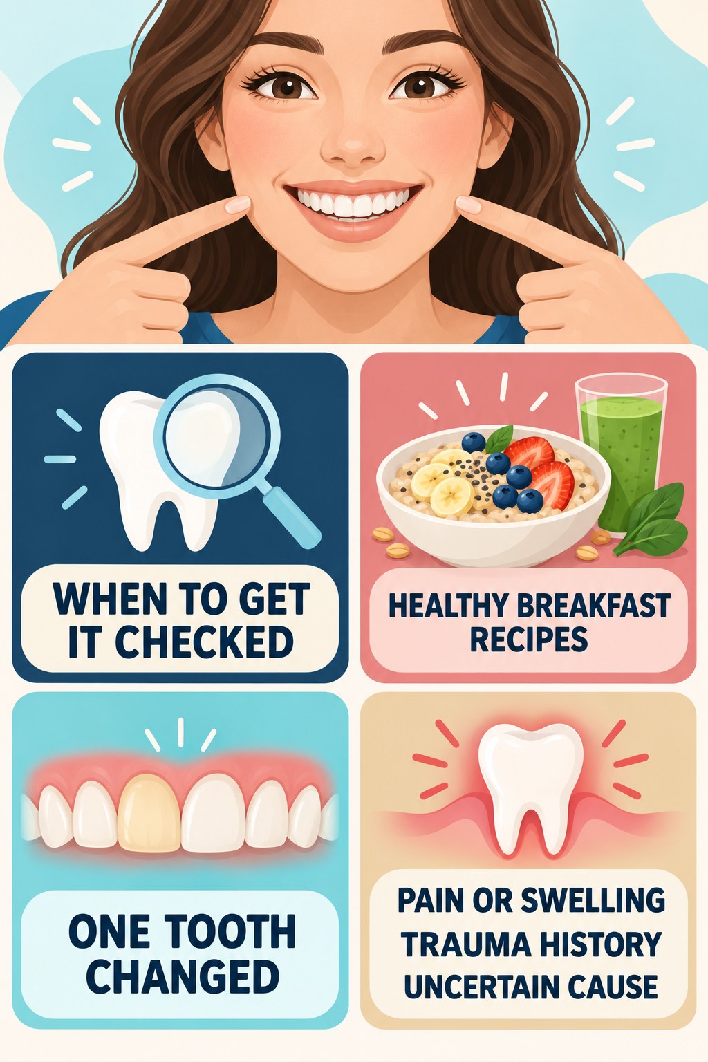 Tooth Discoloration Dental-Visit Checklist infographic for Healthy Breakfast Recipes with four concise tooth-discoloration safety points.
