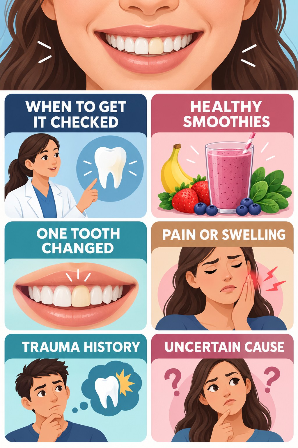Tooth Discoloration Dental-Visit Checklist infographic for Healthy Smoothies with four concise tooth-discoloration safety points.