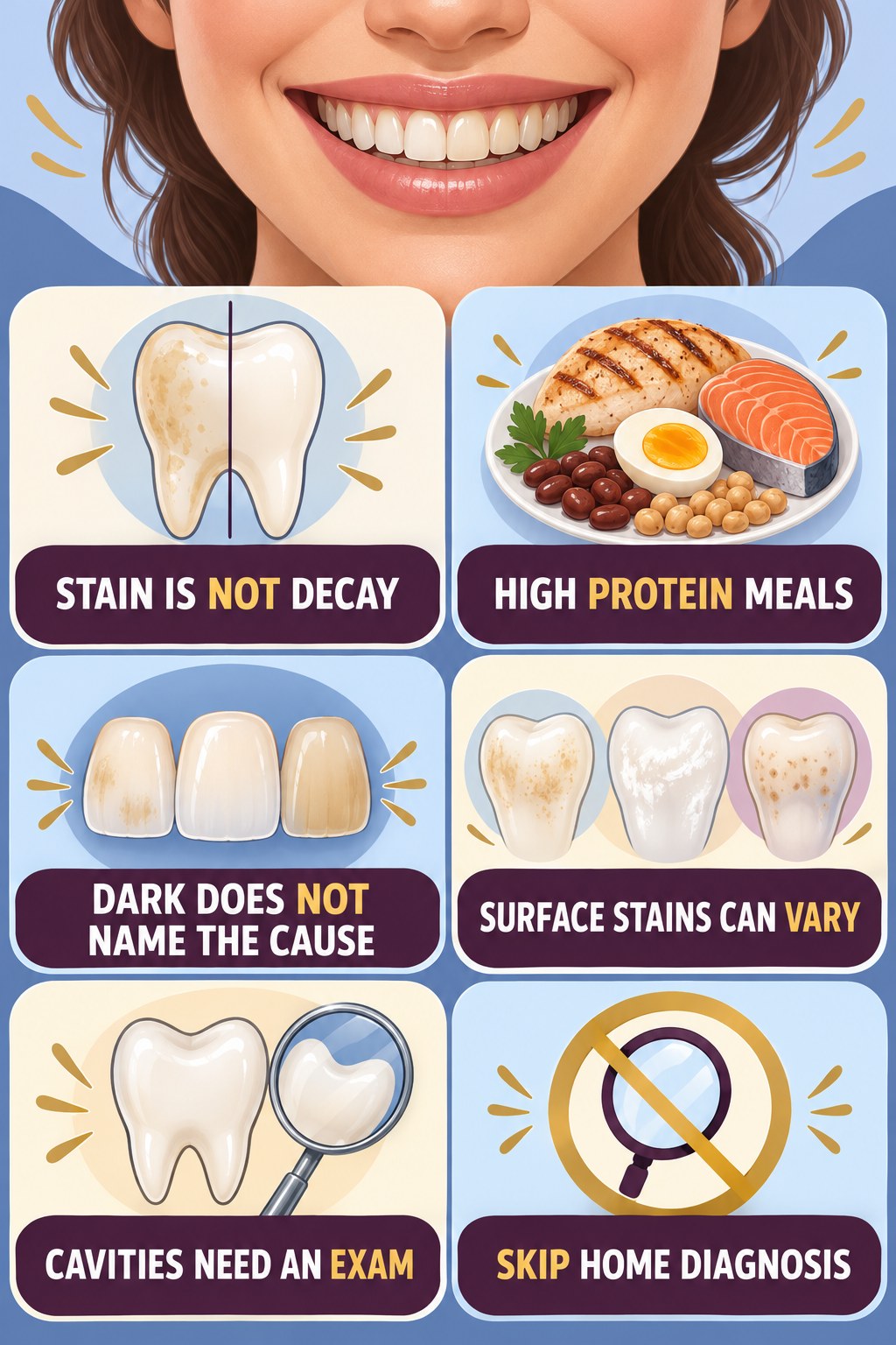 Tooth Stain Versus Decay Awareness infographic for High Protein Meals with four concise tooth-discoloration safety points.