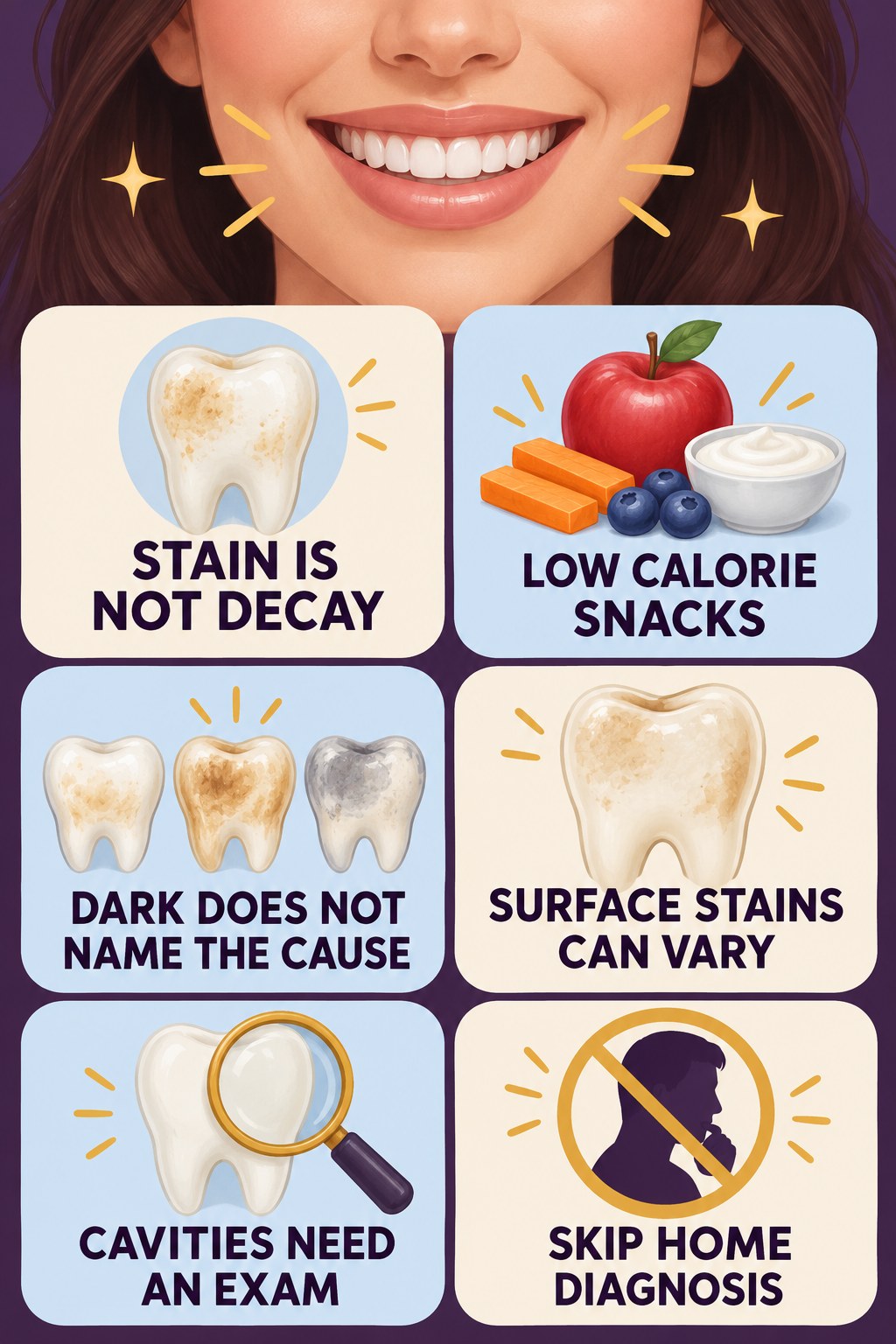 Tooth Stain Versus Decay Awareness infographic for Low Calorie Snacks with four concise tooth-discoloration safety points.