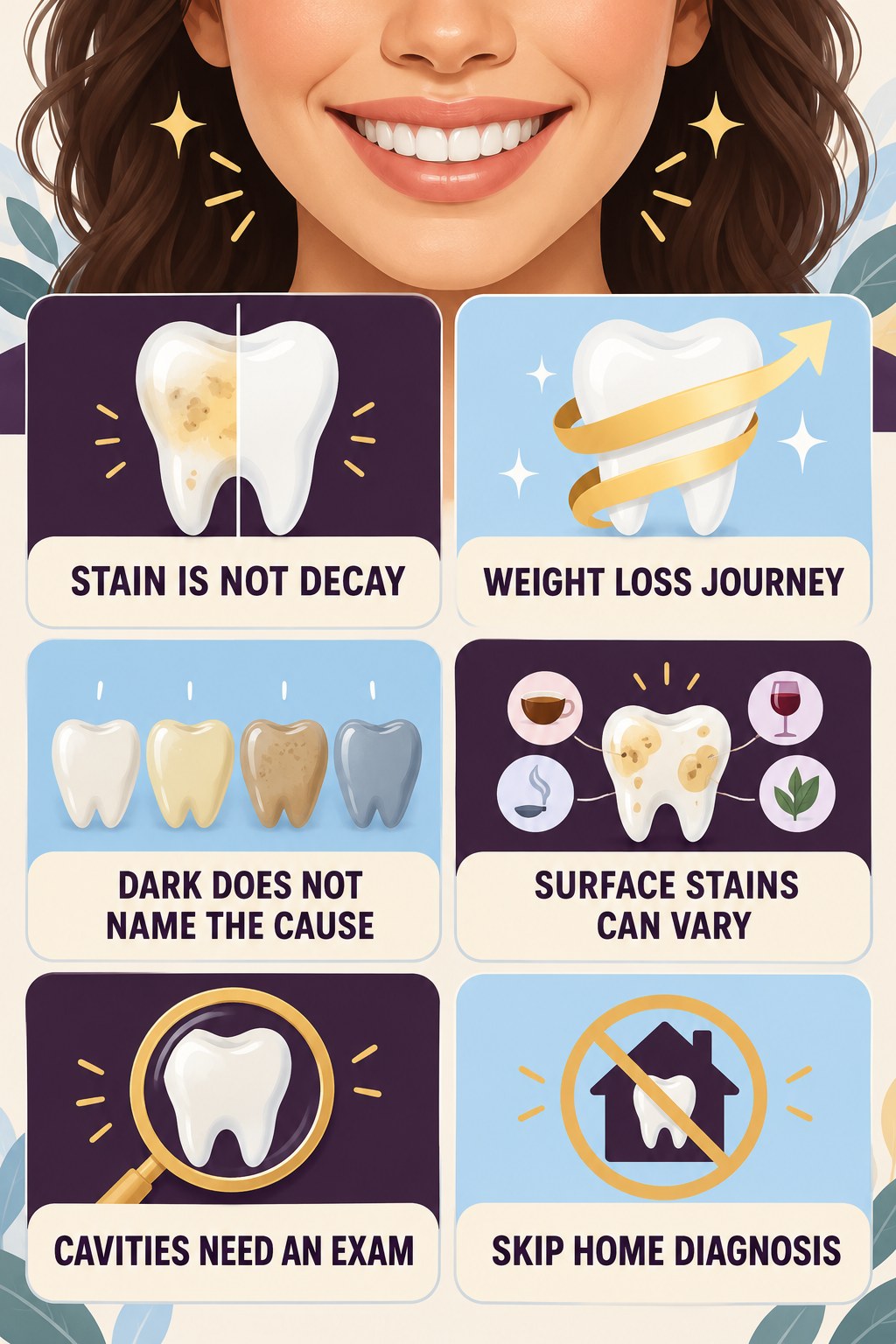 Tooth Stain Versus Decay Awareness infographic for Weight Loss Journey with four concise tooth-discoloration safety points.