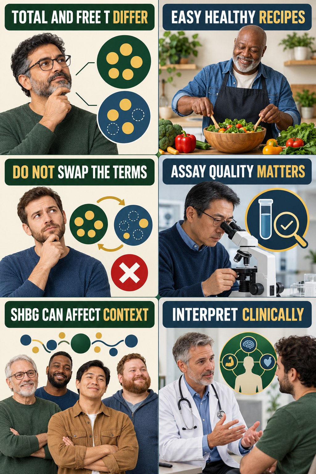 Total and Free Testosterone Are Different testosterone-health-awareness infographic for Easy Healthy Recipes with four concise educational checks.