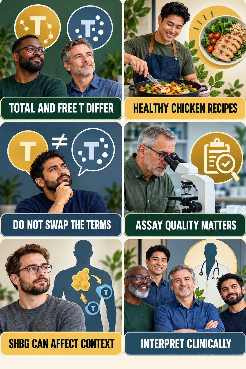 Total and Free Testosterone Are Different testosterone-health-awareness infographic for Healthy Chicken Recipes with four concise educational checks.