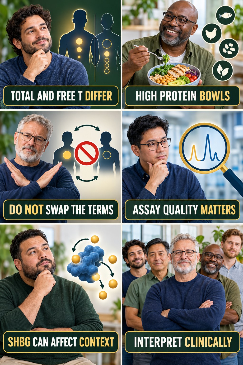 Total and Free Testosterone Are Different testosterone-health-awareness infographic for High Protein Bowls with four concise educational checks.