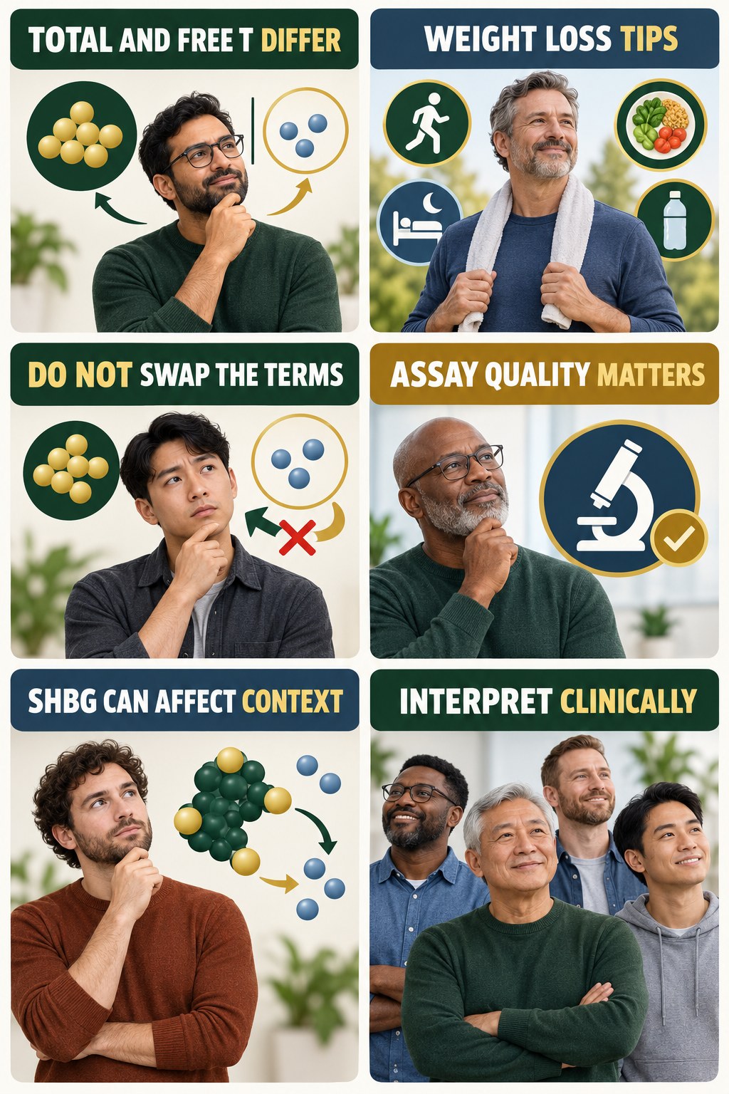 Total and Free Testosterone Are Different testosterone-health-awareness infographic for Weight Loss Tips with four concise educational checks.