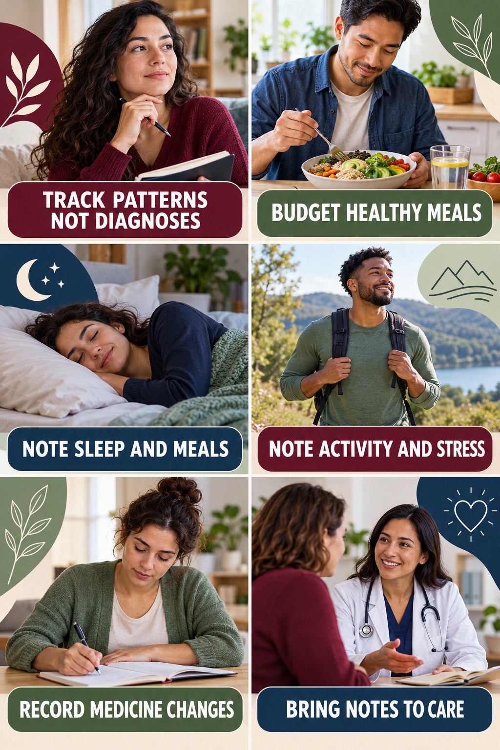 Track Energy Patterns Without Self-Diagnosing natural-energy and hormone-health-literacy infographic for Budget Healthy Meals with four practical checks.