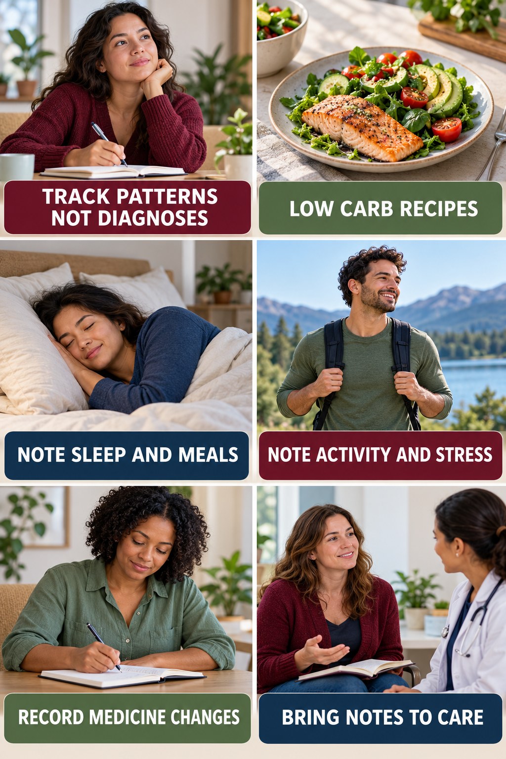 Track Energy Patterns Without Self-Diagnosing natural-energy and hormone-health-literacy infographic for Low Carb Recipes with four practical checks.